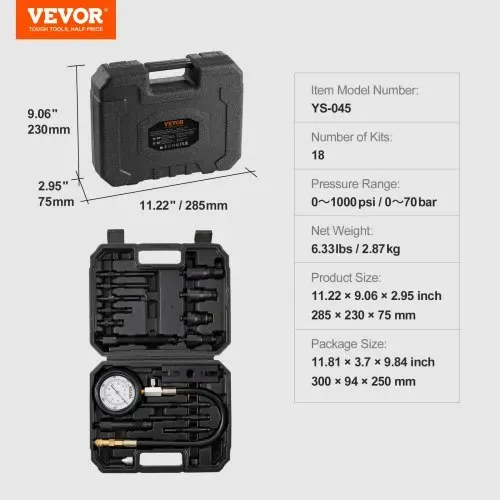 VEVOR Kompressionsmesser Kompressionstester Kompressionsprüfer Testgerät Kompressionsmessgerät mit einem 80-mm-Manometer 0–1000 PSI und 0–70 bar Verdichtungsmesser inkl. 4x Adapter – Bild 6