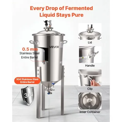 VEVOR konischer Gärbehälter Edelstahl 30 L Gärtank für Heimbrauen, Gärkessel mit konischem Boden & Verlängerungsbeinen & Deckel & Griff & Thermometer, Gärfass für Wein- und Biergärung – Bild 3