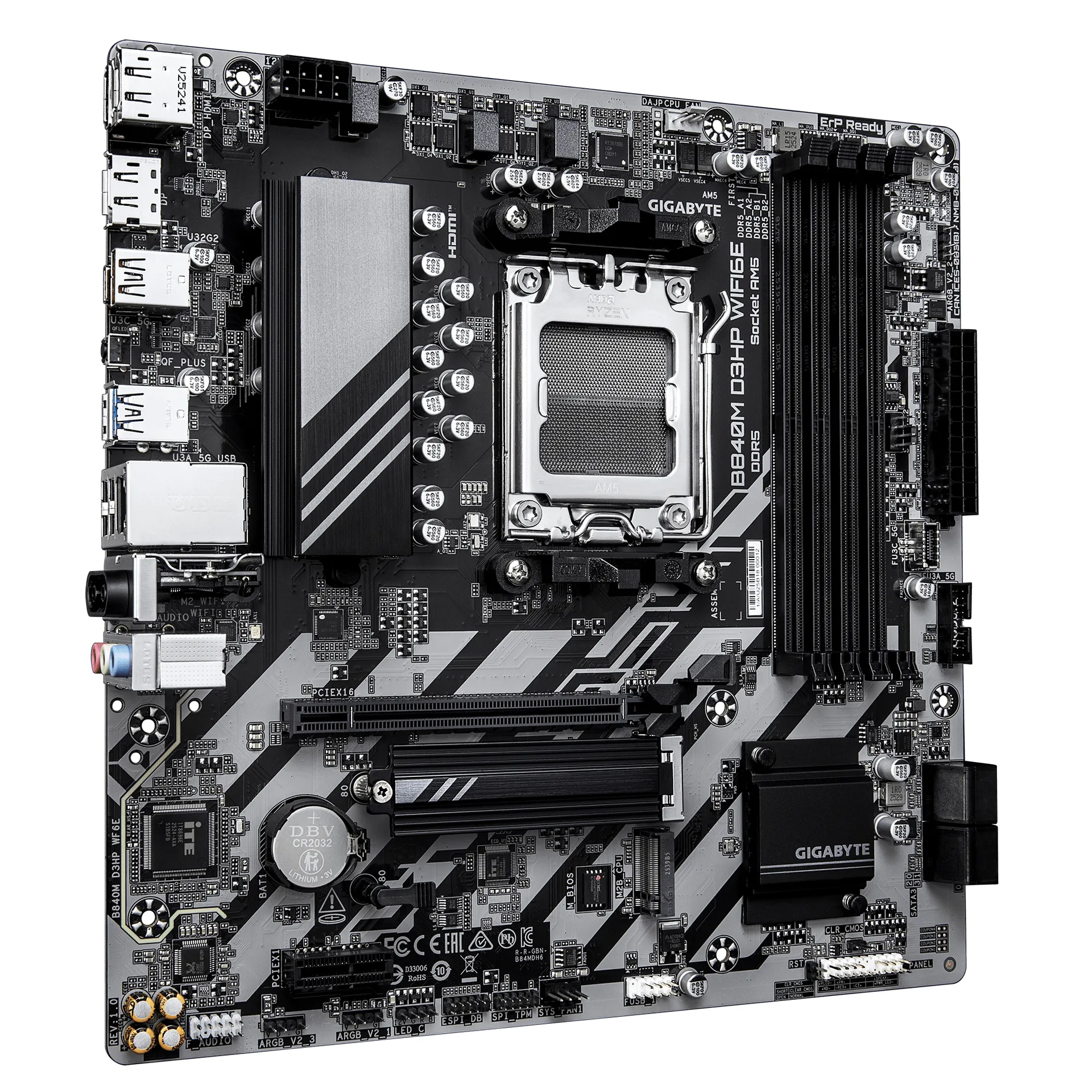 GIGABYTE B840M D3HP WIFI6E Mainboard – AMD Ryzen 9000 CPUs, 8+2+2-Phasen-VRM, bis zu 8200 MHz DDR5 (O.C.), 2× PCIe-4.0-M.2, Wi-Fi 6E, 1-GbE-LAN, USB 3.2 Gen 2 – Bild 3