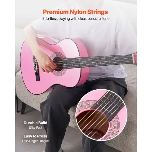 VEVOR Konzertgitarre, 960 mm, Holz-Klassikgitarren-Starter-Set für Anfänger, mit Nylonsaiten, Gigbag, Gurt, Stimmgerät, zusätzlichen Saiten, Plektren, Kapodaster, Linde, für Einsteiger, Pink – Bild 2