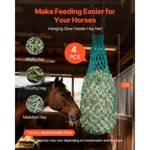 VEVOR Heunetze, 4er-Pack, 0,9 m Ausziehlänge, 38×38 mm Maschenweite, Heusack PE-Material, mit vier Karabinerhaken, zum langsamen Aufhängen & Fressen von Heu für Pferde, Schafe, Rinder, Alpakas usw. VEVOR Heunetze, 4er-Pack, 0,9 m Ausziehlänge, 38×38 mm Maschenweite, Heusack PE-Material, mit vier Karabinerhaken, zum langsamen Aufhängen & Fressen von Heu für Pferde, Schafe, Rinder, Alpakas usw.
