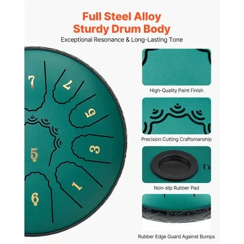 VEVOR Zungentrommel, 165 mm, 11 Tönen Regentrommel, D-Dur Musiktrommeln mit Notenbuch & Schlägeln, Steel Tongue Drum, Steel Pan, für Meditation Yoga Anfänger Musikunterricht, Grün VEVOR Zungentrommel, 165 mm, 11 Tönen Regentrommel, D-Dur Musiktrommeln mit Notenbuch & Schlägeln, Steel Tongue Drum, Steel Pan, für Meditation Yoga Anfänger Musikunterricht, Grün