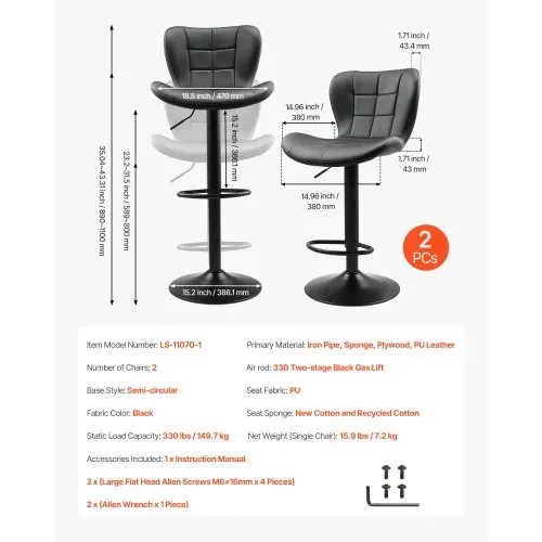 VEVOR Barhocker moderner Thekenhocker aus PU-Leder 2 Stk. 360° drehbarer Bistrohocker mit Rückenlehne & Fußstütze, höhenverstellbarer Küchenhocker (149,7 kg belastbar) für Esszimmer Bar – Bild 6