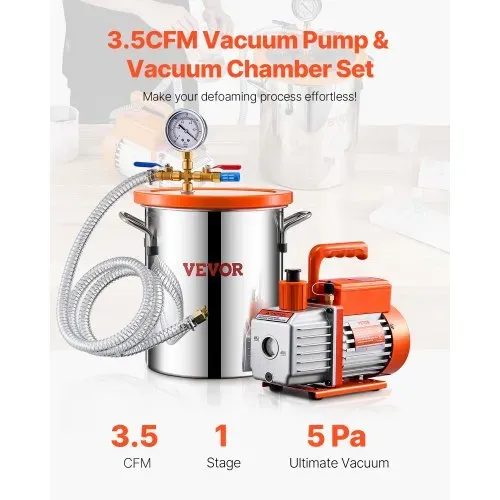 VEVOR 11,36L Vakuumkammer & 3,5 CFM Pumpe, Edelstahlkammer, einstufiges Vakuumpumpen-Entgasungskammerset, mit Acryldeckel, Öl, 1,5 m Schlauch, Vacuum Pump Kit zum Entgasen von Harz-Silikon-Epoxiden VEVOR 11,36L Vakuumkammer & 3,5 CFM Pumpe, Edelstahlkammer, einstufiges Vakuumpumpen-Entgasungskammerset, mit Acryldeckel, Öl, 1,5 m Schlauch, Vacuum Pump Kit zum Entgasen von Harz-Silikon-Epoxiden