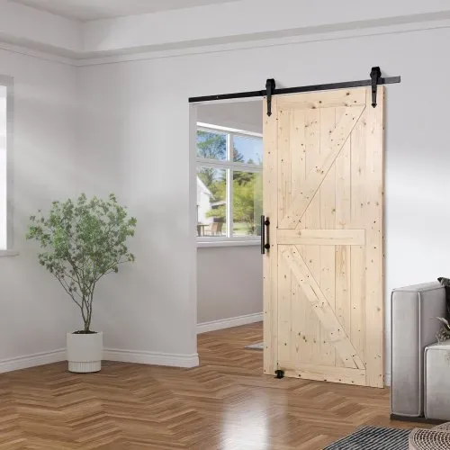 VEVOR Scheunentor und Hardware-Set, 91,4 x 213,4 cm Holz-Schiebetor, sanft und leise, Scheunentor-Set mit 8-in-1-Bodenführung und Türgriff, Fichtenholz-Platte – Bild 7