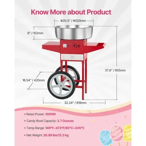 VEVOR elektrische Zuckerwattemaschine kommerzielle Zuckerwattegeräte mit Wagen (1000 W) mit 52 cm Edelstahlschüssel & Zuckerschaufel & Schublade, perfekt für Kindergeburtstage Familienfeiern Rot – Bild 6
