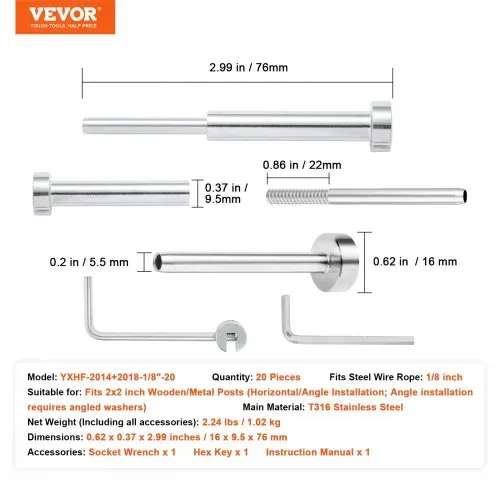 VEVOR 20er-Pack unsichtbares Kabelgeländer-Set T316 Edelstahl 1/8" unsichtbare Aufnahme und Gesenkbolzenende für Kabelgeländer Gesenkspanner 1/8" für Holz-/Metallpfosten Kabelgeländer-Hardware Silber – Bild 6