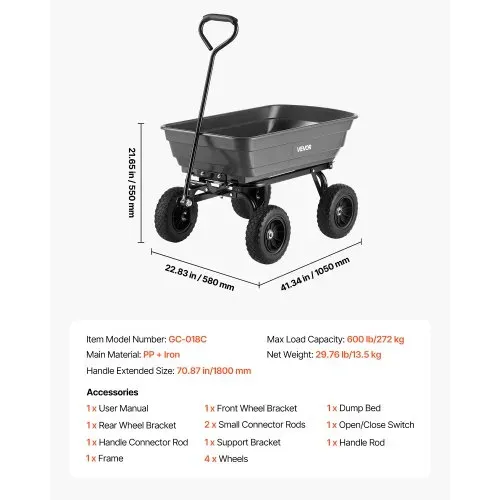 VEVOR Gartenwagen mit Kippfunktion, 272kg Belastbarer Bollerwagen 270° Drehbarer Transportwagen für Gartenarbeit aus Kunsttoff & Stahl mit 10 Zoll Kunststoffreifen, Kippwagen für Rasen, Kies & Schlamm – Bild 6
