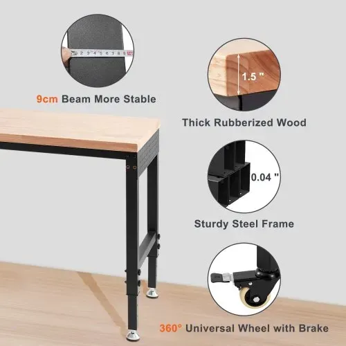 VEVOR verstellbare Werkbank-Arbeitstischplatte, Maße: 1829 x 635 mm, verstellbare Höhe: 71,1–100,3 cm, max. Belastung. 1361 kg, Tisch mit Steckdosen, Holzplatte für Büro, Zuhause, Garage – Bild 3