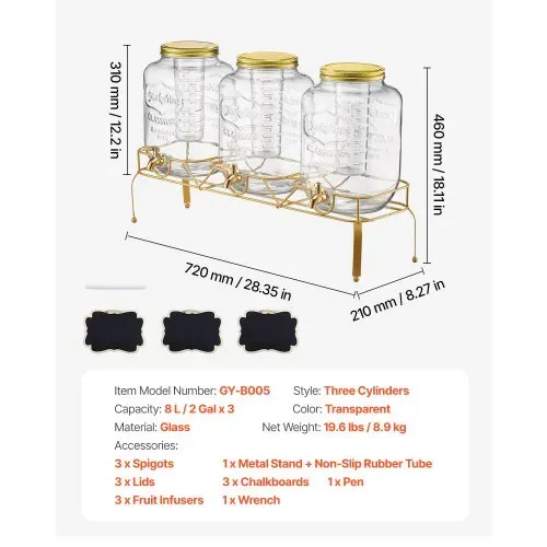 VEVOR Getränkespender (3 x 8 L) für Partys Saftspender (aus Glas) mit tropfsicherem Zapfhahn & Metallständer Wasserspender für Restaurants Partys, Limonade Eistee selbstgemachte Getränke Spender – Bild 6