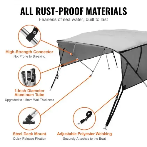 VEVOR 4-Bogen-Bimini-Top-Bootsabdeckung, 216–228 cm Einbaubreite 600D-Polyester-Überdachung, Bootsverdeck mit Abnehmbare Mesh-Seitenwände, Wasserdicht & Sonnenschutz, inkl. Aufbewahrungsbox Hellgrau – Bild 4