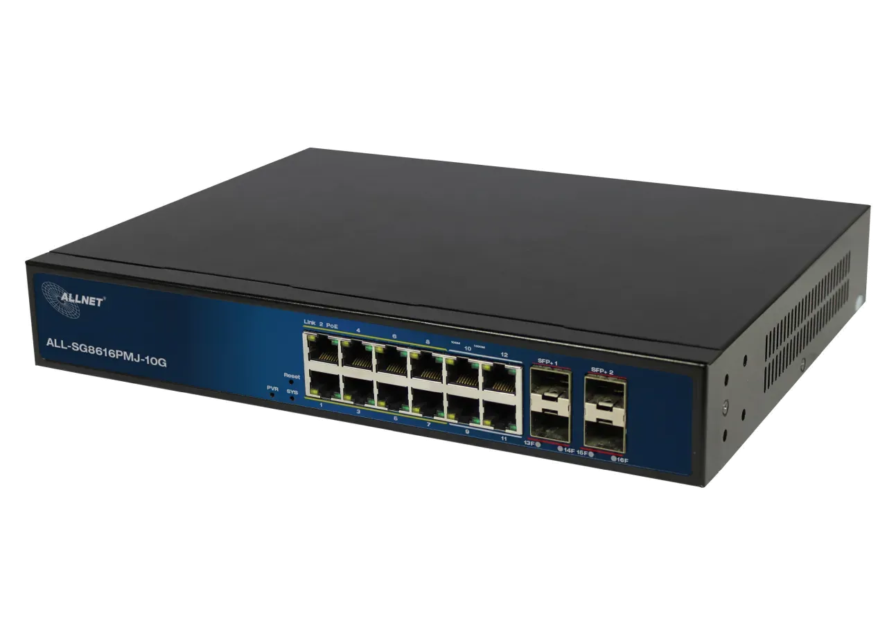 ALLNET Switch full managed Layer2+ 16 Port • 12x GbE • PoE Budget 130W • 8x PoE at • 4x Giga LAN • 4x SFP+ • 19″ • ALL-SG8616PMJ-10G ALLNET Switch full managed Layer2+ 16 Port • 12x GbE • PoE Budget 130W • 8x PoE at • 4x Giga LAN • 4x SFP+ • 19″ • ALL-SG8616PMJ-10G