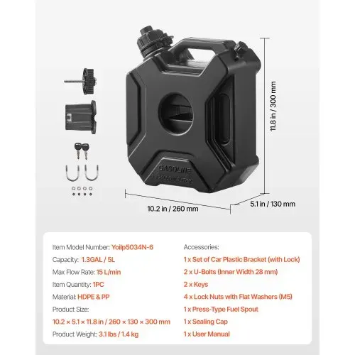 VEVOR Kraftstoffkanister 5 L, Benzinkanister mit Ausguss & verschließbarer Halterung, max. Durchflussrate 15 L/min, Flüssigkeitsbehälter für die meisten Autos, Motorräder, ATVs & UTVs, schwarz – Bild 6