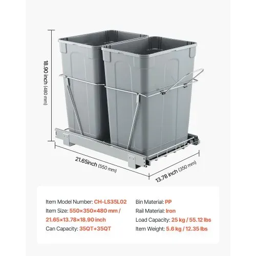 VEVOR ausziehbarer Mülleimer (35 Qt + 35 Qt) für Küchenschränke, doppelter Mülleimer unter der Spüle, Müllbehälter für unter die Spüle, mit robustem Vollauszug-Schiebesystem aus Metall & Griff – Bild 6
