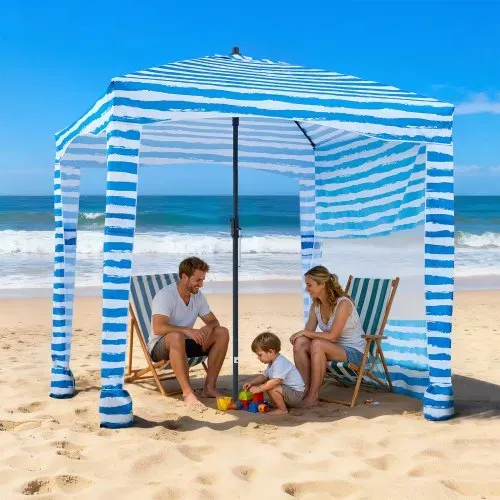 VEVOR Strand-Cabana 183 x183 cm Strandüberdachung mit Seitenwand, UPF 50+ Sonnenschutz, Strandpavillon mit Sandsäcken, tragbarer Sonnenschutz Sonnenschirm für Familie Freunde Blaue Streifen – Bild 7