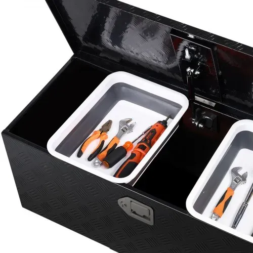 VEVOR Werkzeugkasten aus Aluminium für die Ladefläche, gestreifte Werkzeugkiste (899 x 370 x 370 mm) mit seitlichem Griff & ausziehbarem Regal, Aufbewahrungs-Organizer für Anhänger Schwarz – Bild 10