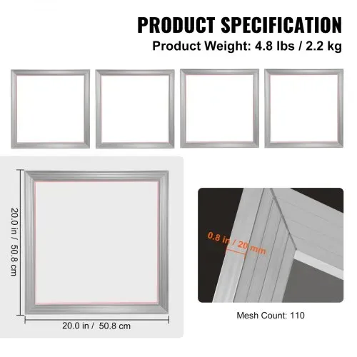 VEVOR 4 Stk. Aluminiumlegierung Siebrahmen Siebdruckpresse 50,8 x 50,8 cm, Siebdruckmaschine Zubehör 110 Mesh, Säureresistenz & nicht Verformbar für Kissenbezügen, Stoffen, Papier, Kopierpapier usw. – Bild 6