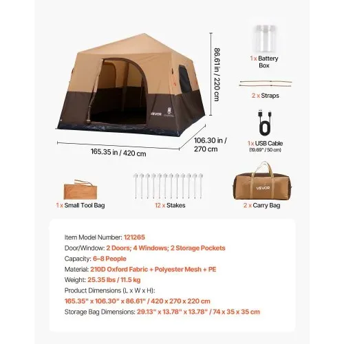 VEVOR Campingzelt 8 Personen, Aufblasbares Familienzelt mit Wiederaufladbarer Pumpe, TPU-Luftschlauch & 4 Netzfenstern, Kabinenzelt mit Tragetasche für Familien-Camping & Wandern, Beige – Bild 6