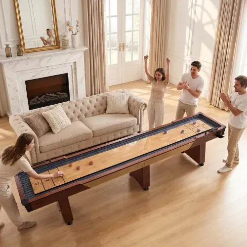 VEVOR Shuffleboard-Tisch 3,7 m 2-in-1 mit Bowling-Set und 8 Pucks Indoor, Shuffleboard mit Rustikaler Holzoptik, Kratzfester Spielfläche, Wachs und Bürste, für das Familienspielzimmer zu Hause – Bild 7