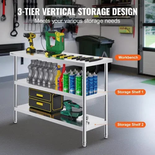 VEVOR Lebensmittel-Zubereitungstisch aus Edelstahl, Gewerblicher Küchenarbeitstisch, mit 2 verstellbaren Unterregalen, 457 x 1219 x 864 mm Zubereitungstisch für Grill, Küche, Zuhause – Bild 3