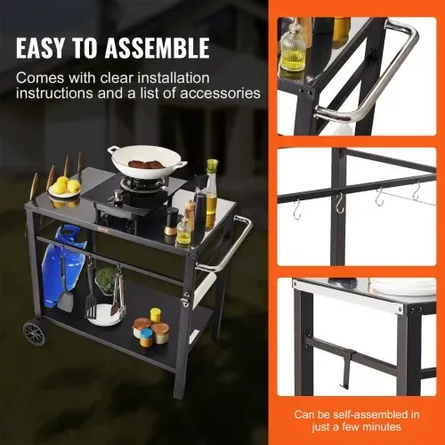 VEVOR Servierwagen Küchenwagen 100 x 64 x 83,5 cm Outdoor-Grill-Esswagen mit Doppelter Ablage, Beweglicher Grilltisch für die Zubereitung von Speisen, Multifunktionale Tischplatte aus Eisen Schwarz – Bild 5