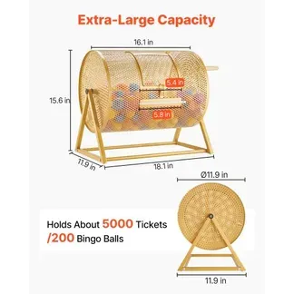 VEVOR Tombola Trommel, 410xØ302 mm, Lostrommel mit Fassungsvermögen von 5000 Lose oder 200 Lotteriebälle, Gewinnspieltrommel mit Kurbel & Dreiecksständer, für Veranstaltungen & Feiern, Gold VEVOR Tombola Trommel, 410xØ302 mm, Lostrommel mit Fassungsvermögen von 5000 Lose oder 200 Lotteriebälle, Gewinnspieltrommel mit Kurbel & Dreiecksständer, für Veranstaltungen & Feiern, Gold