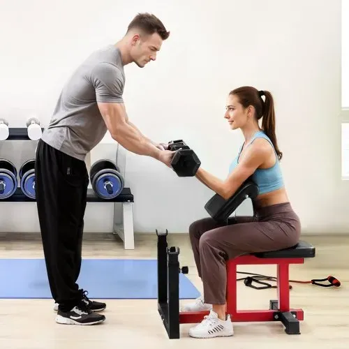 VEVOR Preacher Curlbank Hantelbank mit Beinstrecker, Krafttrainingsbänke (Max. Belastung 200 kg) Heim-Fitnessbank, Fitnessgerät, Sitzende Arm-isolierte Langhantel-Station, Trainingsbank – Bild 7