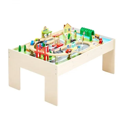 VEVOR Holz Aktivitätstisch, 84-teilig, mit zusammenklappbarem Aufbewahrungsbehälter, 3-in-1-Eisenbahnset zum Spielen, Malen, Lesen, Essen, kreatives Spielzeugset für Kinder ab 3 Jahren – Bild 8