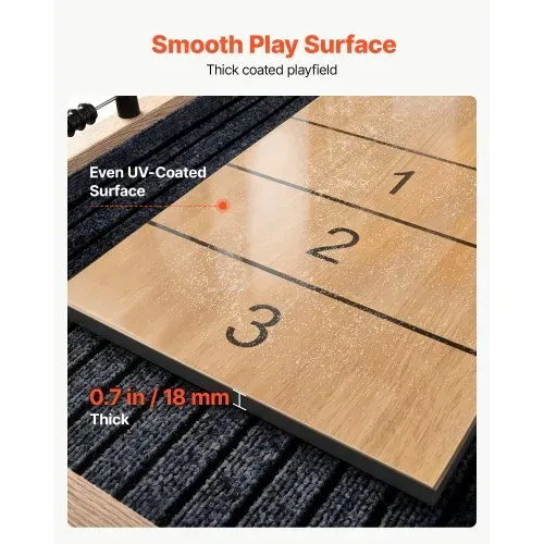 VEVOR Shuffleboard-Tisch 2,7 m mit 8 Pucks für das Spielzimmer zu Hause, Kratzfeste Spielfläche für Flüssiges und Schnelles Puckspiel, Sockelbeine mit Nivellierfüßen für Stabilität, Wachs und Bürste – Bild 2