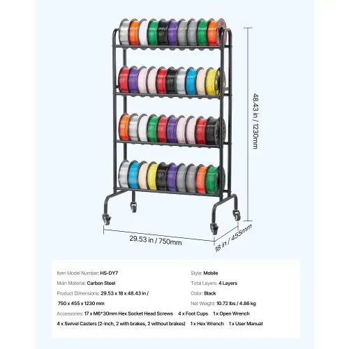 VEVOR Filament Lagerregal, 4 Ebenen, 750 x 455 x 1230 mm, Filamentspulenhalter, Metallregal mit Rädern, 3D-Druckerzubehör Organizer für 3D-Druckstudio, Büro, Werkstatt, Garage, Schwarz – Bild 6