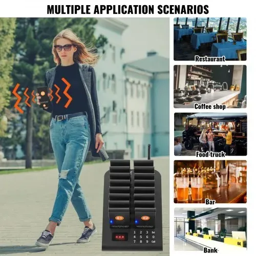 VEVOR Restaurant-Pager-System, kabelloses Warteschlangensignal mit 500 m Reichweite, Piepser zur Rufannahme von Gästen mit Vibration und Blinken, 16 Pager für Imbisswagen, Kirche – Bild 5