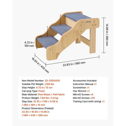 VEVOR Hundetreppe 580x430x380 mm, 3-stufige Hautiertreppe, Holztreppe geeignet für kleine, mittlere, große, ältere Haustiere sowie Welpen bis 68 kg, Hundeleiter für Betten, Sofas & Autos – Bild 6