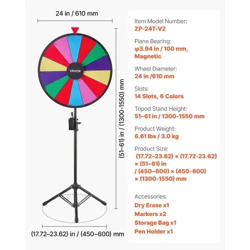 VEVOR Glücksrad Drehrad (61 cm) 14 Slots Glücksrad mit Stativ, höhenverstellbar, Lotteriespiele Gewinn-Roulette mit Tafelschwamm & 2 Markern, 6 Farben, ideal für Party Kneipe Messe Karneval – Bild 6