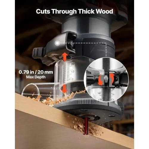 VEVOR Akku-Kantenfräse, Bürstenloser Motor, Kompakte Oberfräse mit Variabler Drehzahl & Fester Basis, 6,35 mm Spannzange, Einhandfräse
für die Holzbearbeitung, 18V, Li-Ion (Lieferung ohne Akku) – Bild 3
