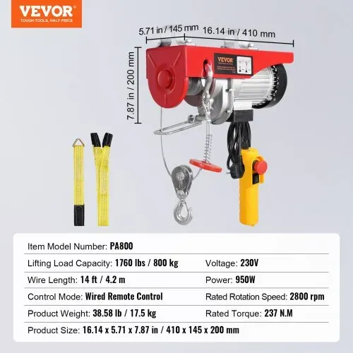 VEVOR Elektrische Seilwinde, 800 kg Motorwinde mit 4,2 m kabelgebundener Fernbedienung, 12 m Hubhöhe mit Einzelkabel, Einzel-/Doppelschlingen, Not-Aus, Hebezeug für Garage, Lager, Fabrik – Bild 6