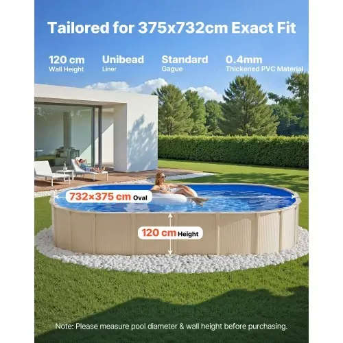 VEVOR Poolinnenfolie, 3,75×7,32 m Poolfolie für 120 cm Wandhöhe, Schwimmbadfolie aus PVC, Innenhülle 0,4 mm Stärke, Ersatzfolie UniBead, Geeignet für Oberirdische Pools mit Stahlwänden, Blau VEVOR Poolinnenfolie, 3,75×7,32 m Poolfolie für 120 cm Wandhöhe, Schwimmbadfolie aus PVC, Innenhülle 0,4 mm Stärke, Ersatzfolie UniBead, Geeignet für Oberirdische Pools mit Stahlwänden, Blau