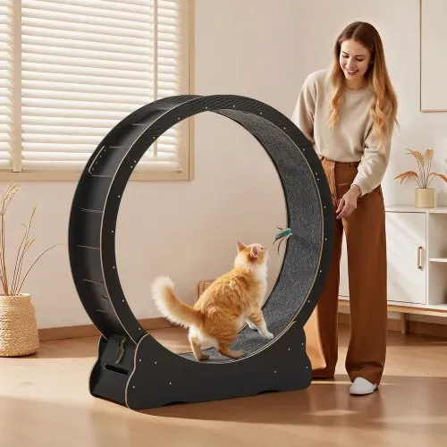 VEVOR Katzenlaufrad, 118 cm Innendurchmesser, Laufrad aus Holz für Katzen bis 13,6 kg, Katzenlaufband mit Teppichlauffläche & Verriegelungsmechanismus, leises Spielzeug für Wohnungkatzen, Schwarz – Bild 7