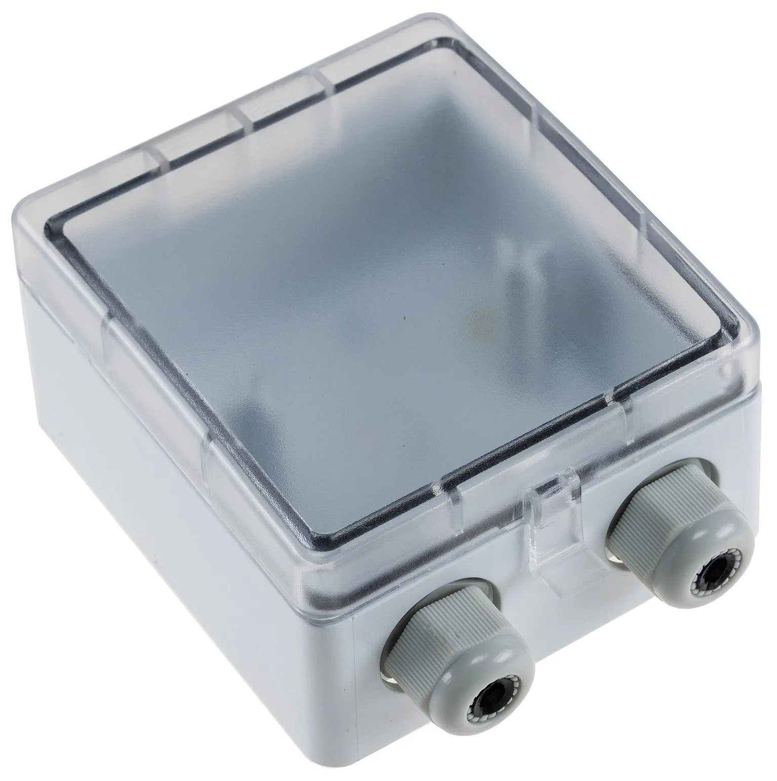 Aufputz Gehäuse mit Schutzklappe, IP54 110x105x57mm, 2 Kabelschlüsse Aufputz Gehäuse mit Schutzklappe, IP54 110x105x57mm, 2 Kabelschlüsse