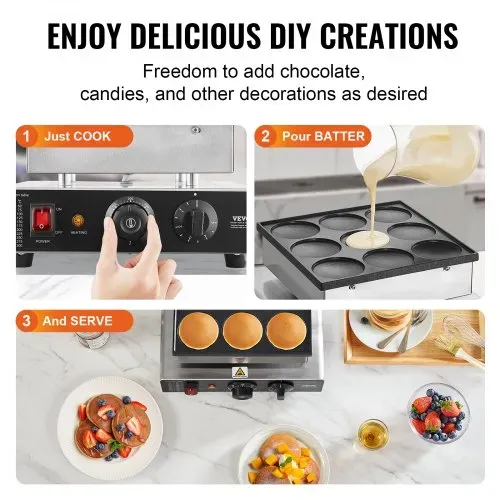 VEVOR Mini-Pfannkuchenmaker kommerzielle Dutch mini Pfannkuchen Maschine, 9 Stk., 76 mm Durchmesser, Dorayaki-Backmaschine, 850 W, Temperatur- und Zeitregelung, in Küchen, Cafés und Restaurants – Bild 5