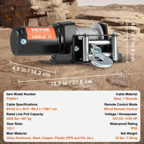 VEVOR Elektrische Seilwinde, 2000 lb Seilzugkapazität, 12 V DC ATV/UTV-Winde mit Φ5/32 in x 39 ft 7-Strang-Stahlkabelrolle, Kabelfernbedienung, IP55 wasserdicht zum Abschleppen von UTV ATV im Gelände – Bild 6