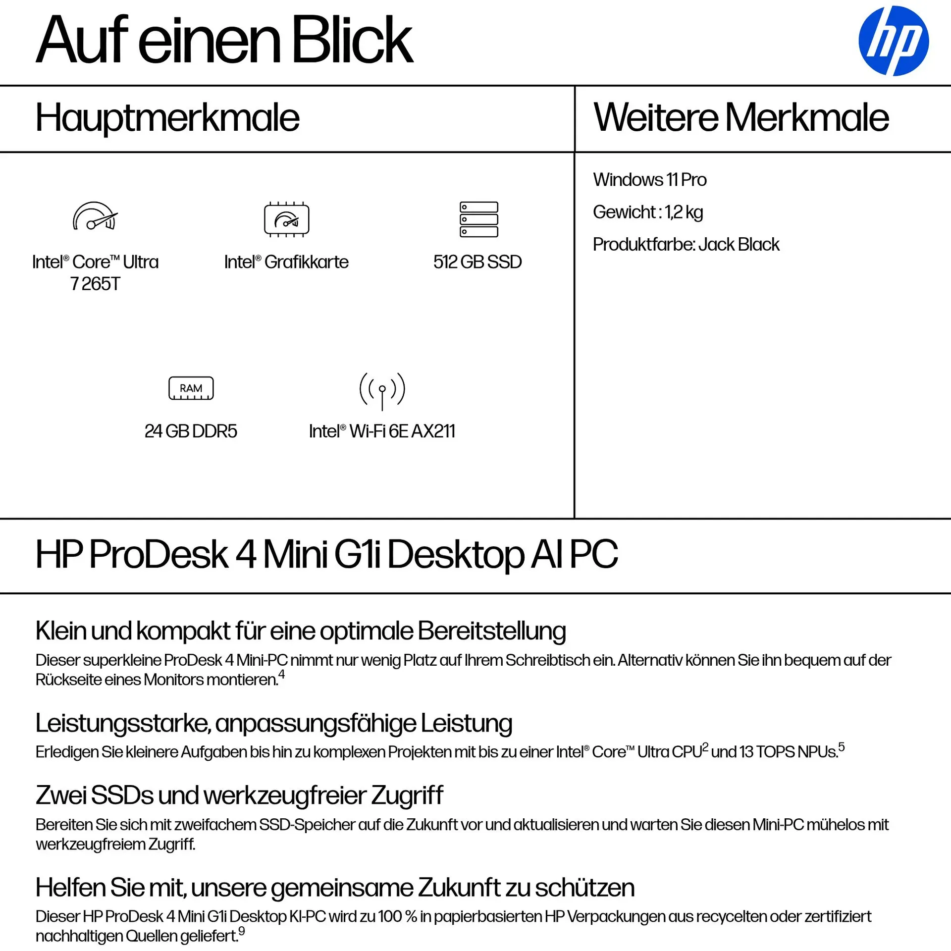 HP ProDesk 4 Mini G1i Desktop AI PC Intel Core Ultra 7 265T 24 GB DDR5-SDRAM 512 GB SSD Windows 11 Pro Mini PC Mini-PC Schwarz – Bild 3