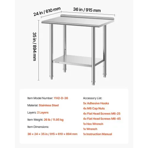 VEVOR Edelstahltisch Gastro 915 x 610 x 894 mm, Verstellbarer Edelstahltisch mit Aufkantung,Arbeitstisch mit Grundboden für Restaurant Schwerlast Obere Ablage (227 kg) Untere Ablage (191 kg) – Bild 6