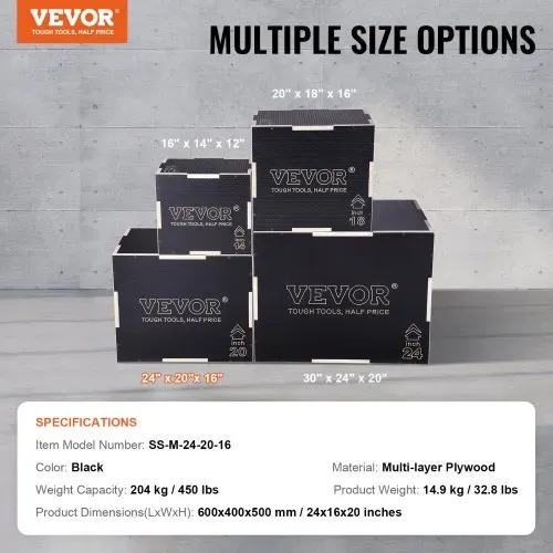 VEVOR 3-in-1-Plyometrische Sprungbox 24/20/16-Zoll-Plyobox, Sprungkasten Sprungkiste 204 kg Tragfähigkeit, Fitnessübungs-Step-Up-Box für Heimtraining, Sprungkrafttraining Schwarz Einstellbare Höhe – Bild 6