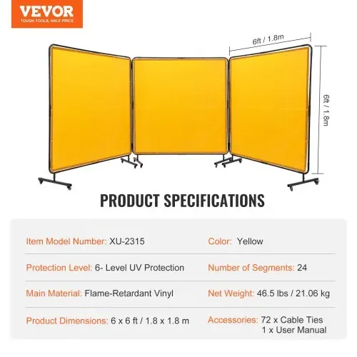 VEVOR 3-Panel-Schweißvorhang 1,8 x 1,8 m Schweißschutzvorhang aus Flammhemmendem Vinyl Schweißschutzwand mit 4 Schwenkrädern und einem 6-stufigen UV-Schutz Schweißerdecke Schweißschutz Gelb – Bild 6
