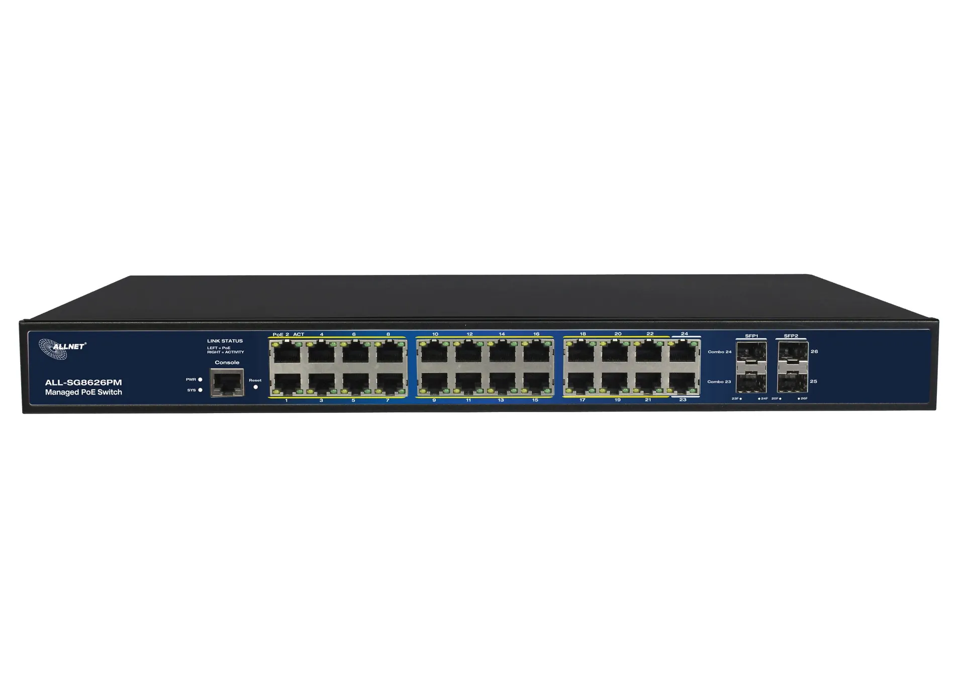 ALLNET Switch full managed Layer2+ 26 Port • 24x GbE • PoE Budget 370W • 22x PoE at • 2x Combo • 2x SFP • 19" • Lüfterlos • JSON API • ALL-SG8626PMJ – Bild 2