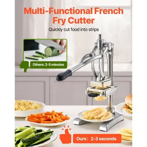 VEVOR kommerzieller Pommes-Frites-Schneider, Gemüseschneider Obstschneider Edelstahl mit 3 Ersatzklingen (12,7/9,525/6,35 mm) und einer Entsafterklinge, manueller Kartoffelschneider Pommesschneider VEVOR kommerzieller Pommes-Frites-Schneider, Gemüseschneider Obstschneider Edelstahl mit 3 Ersatzklingen (12,7/9,525/6,35 mm) und einer Entsafterklinge, manueller Kartoffelschneider Pommesschneider