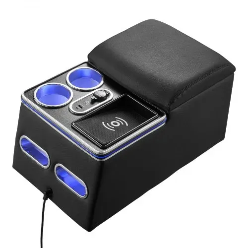 VEVOR Universal Mittelkonsole für die Rücksitzbank Kabelloses Laden Schwarz für Smartphones, 7-Farben Ambientebeleuchtung, 5 V/3 A QC, 5 V/3 A PD über USB-C, 12-24-V-Buchse, Handyhalterungen, Staufach – Bild 9