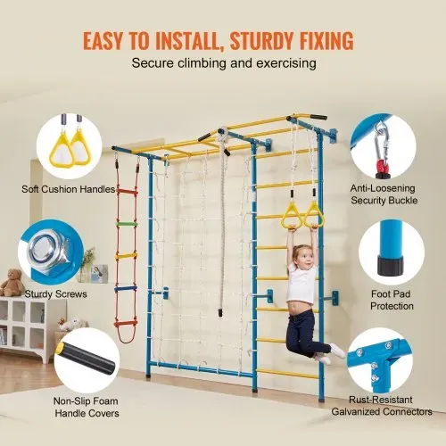 VEVOR Sprossenwand Turnwand Klettergerüst für Kleinkinder, 7-in-1-Kletterspielset mit schwedischer Leiter aus Karbonstahl, Klimmzugstange & Strickleiter & Turnringen 100 kg belastbar mehrfarbig – Bild 5