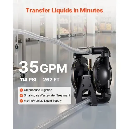 VEVOR Druckluft-Doppelmembranpumpe, 132 L/min, 25,4 mm Einlass & Auslass, pneumatische Altöl-Transferpumpe, max. 114 PSI, Gehäuse aus Aluminiumlegierung, für Diesel, Fett, Kerosin, Benzin & Öl – Bild 2