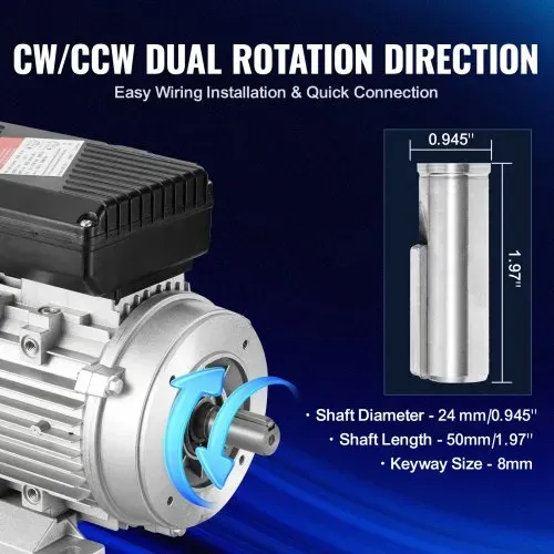 VEVOR 2,2 kW Elektromotor 2800 U/min, Wechselstrom 220–240 V, 13,8 A, 90 l, B3-Rahmen, Luftkompressormotor einphasig, 24 mm Keilwelle, Rechts-/Linkslauf für landwirtschaftliche Maschinen und allgemeine Geräte – Bild 3